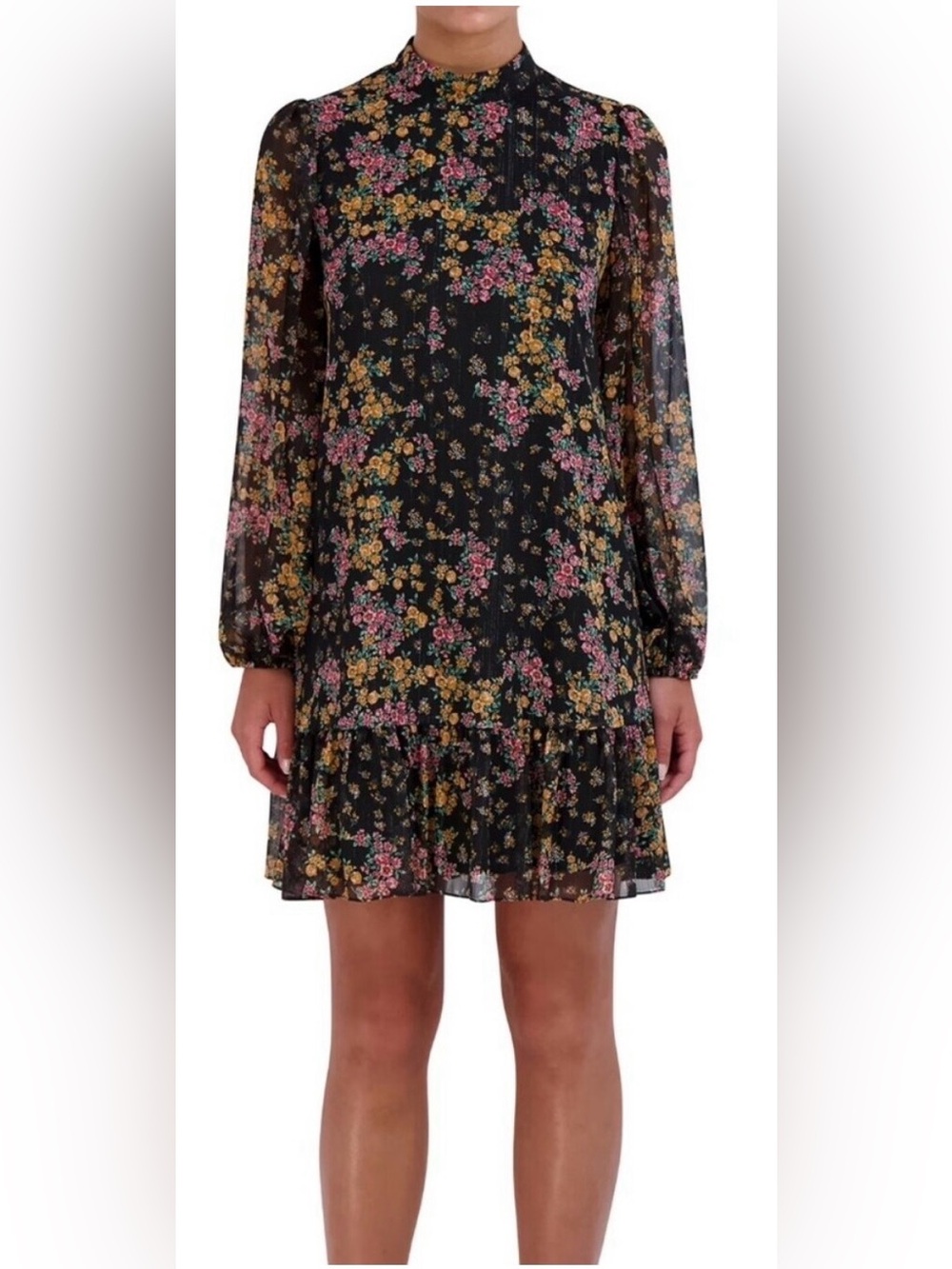BCBG Paris Black Floral Mini Dress with floral Bouquet print & long Open Arms